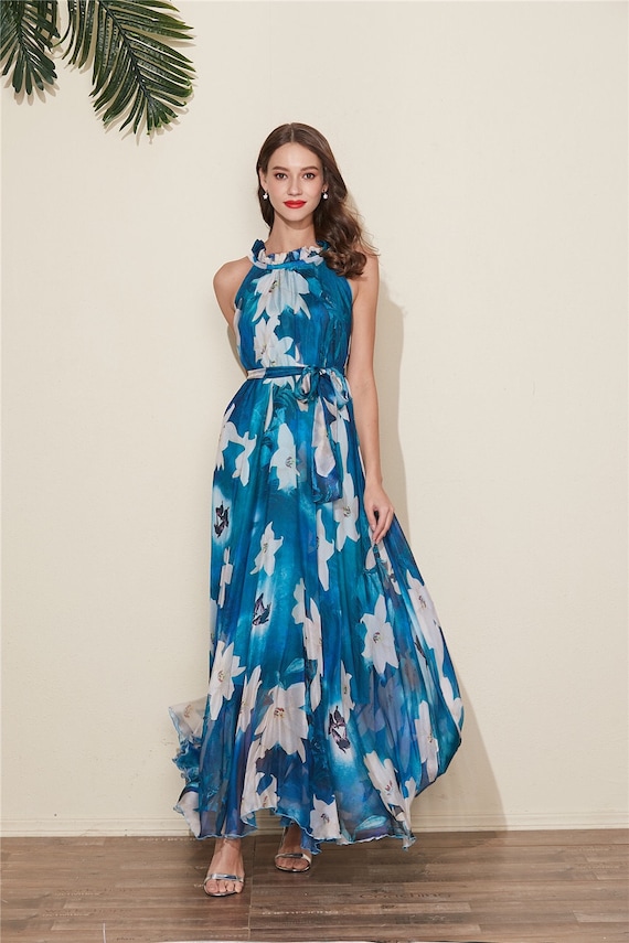 Buy Floral Chiffon Maxi Dress: Blue Green Bridesmaid Gown Online in India -  Etsy