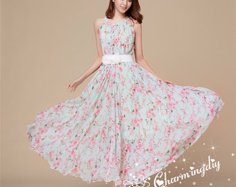 Chiffon Maxi Dress: Green Pink Floral Party Gown