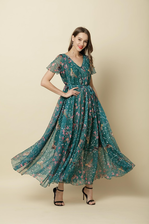 slim fit dress slacks Mac Duggal Chiffon Floral Print V Neck Sleeveless Ruffle A-Line Gown, Womens, 6, Deep Green Multi main image 0