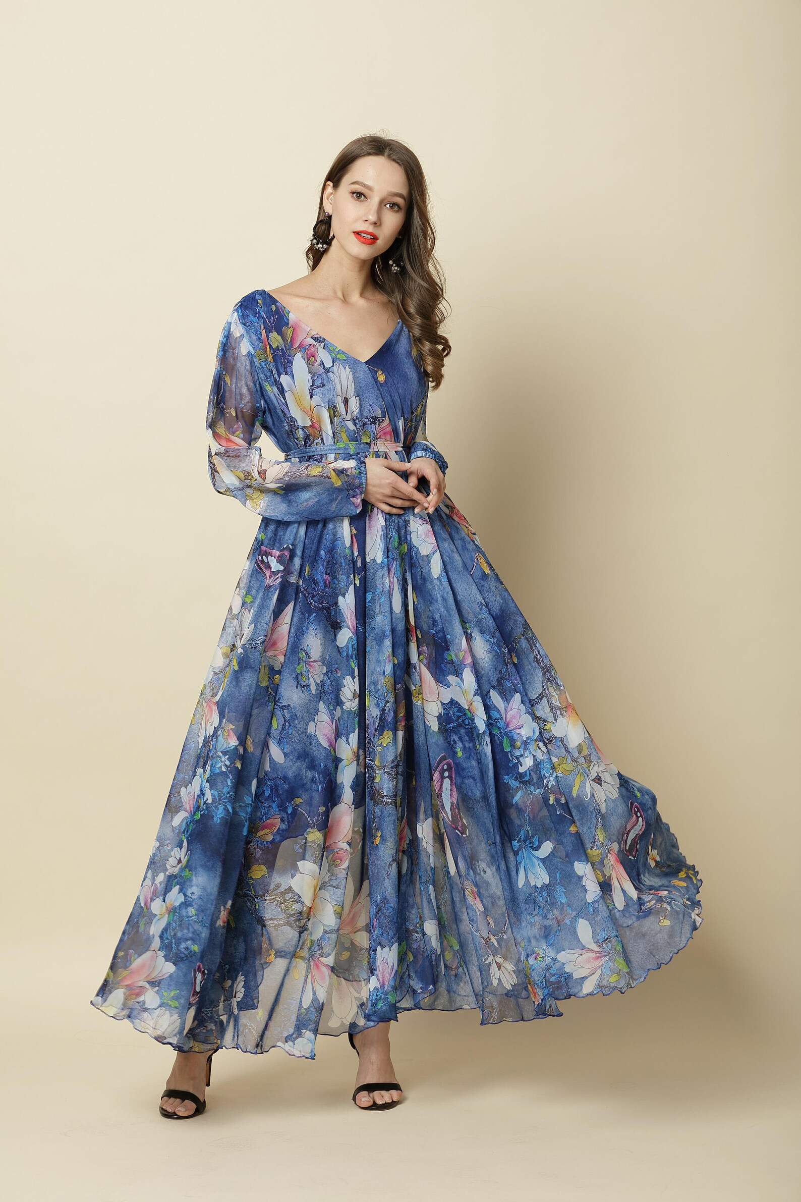 Long Chiffon Dresses with FLOWERS Ink Blue