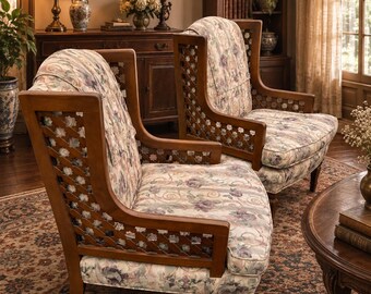2x Vintage Petite Lattice Cane Wood Side Occasional chairs  project pieces