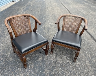 2x vintage mid-century unique low profile cane wood  chairs.  Project pieces