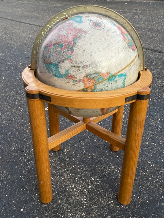 Large Mid century Modern Floor Spinning World Globe on Wood Stand