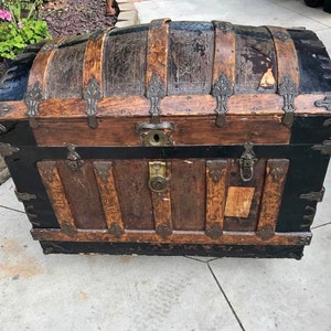 Antique Ornate Hunch Camelback Steamer Trunk Chest w/shipping stickers DETROIT MI