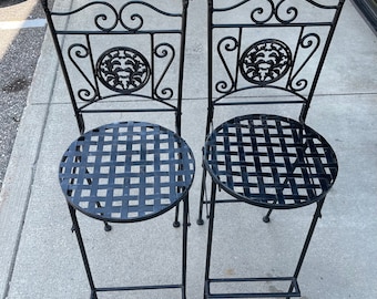 Antique Wrought Iron Ornate French Folding Bar Stools