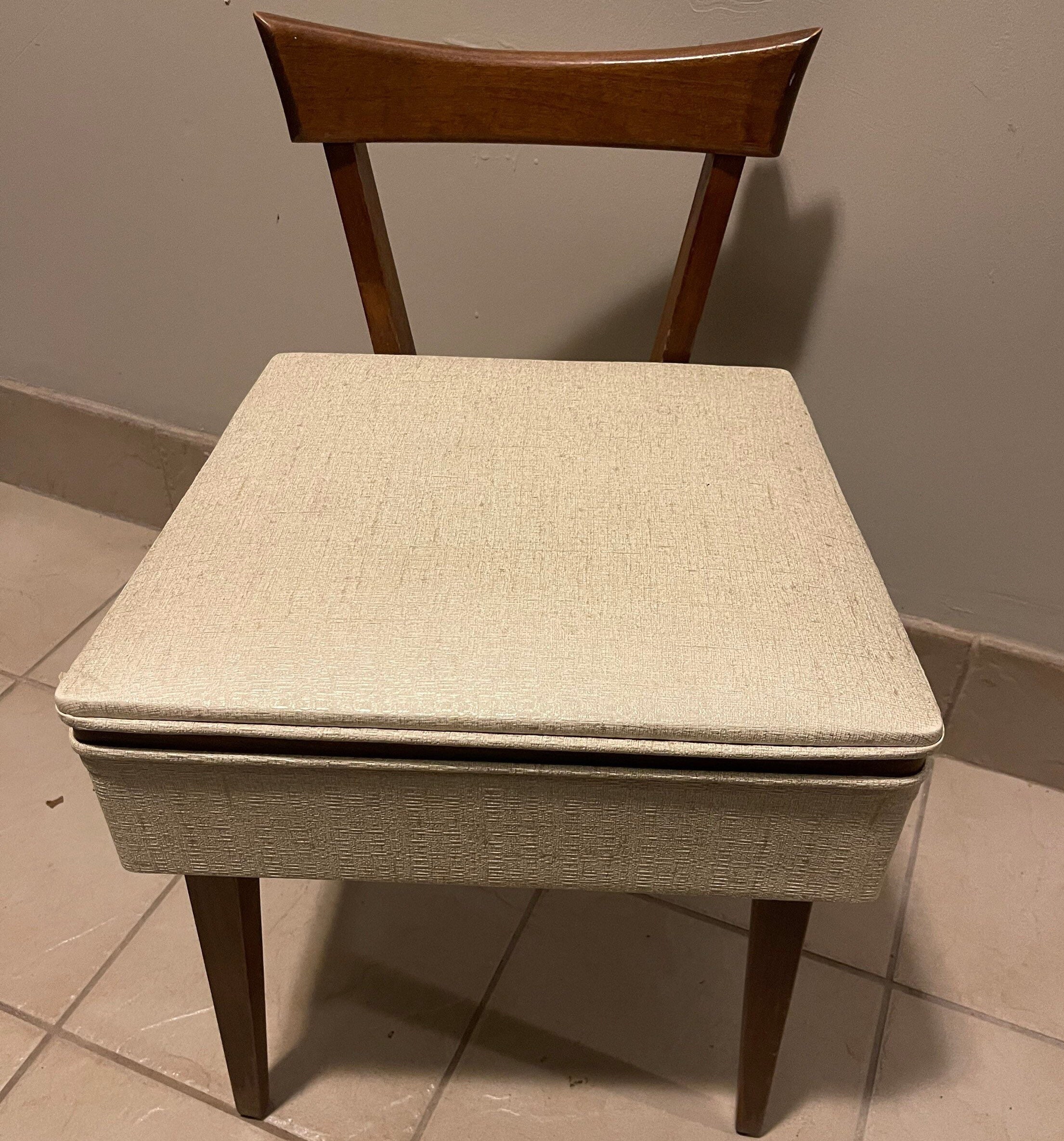 Mid Century Modern Sewing Chair Side Storage Teak Wood White