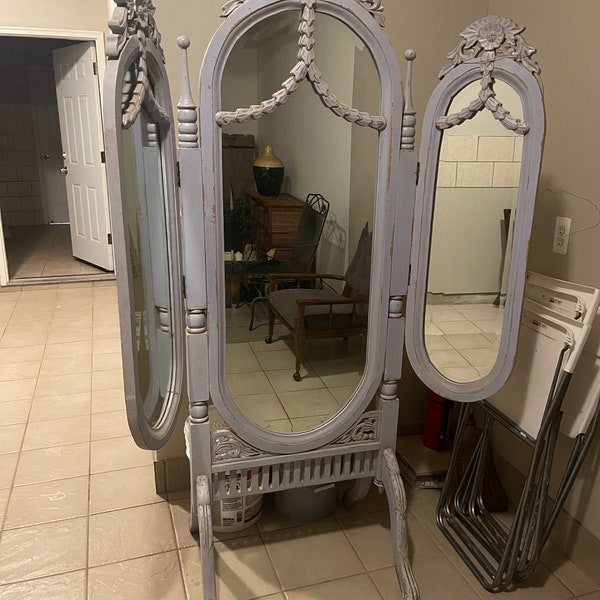 Antique Tri Fold Wood Floor Mirror Etsy
