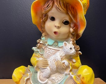 1974 Vintage Mid-Century Alice Girl Cat Statue Holly hobbie style