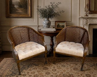 2x Vintage Lewittes Barrel Mid-Century bamboo tufted Cane chairs