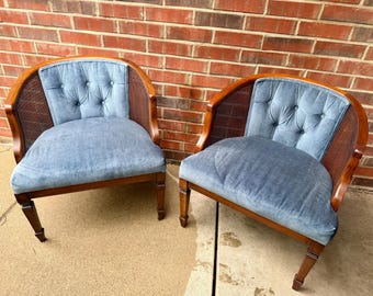 2x Vintage Lewittes  Mid-Century Blue Barrel Cane tufted chairs