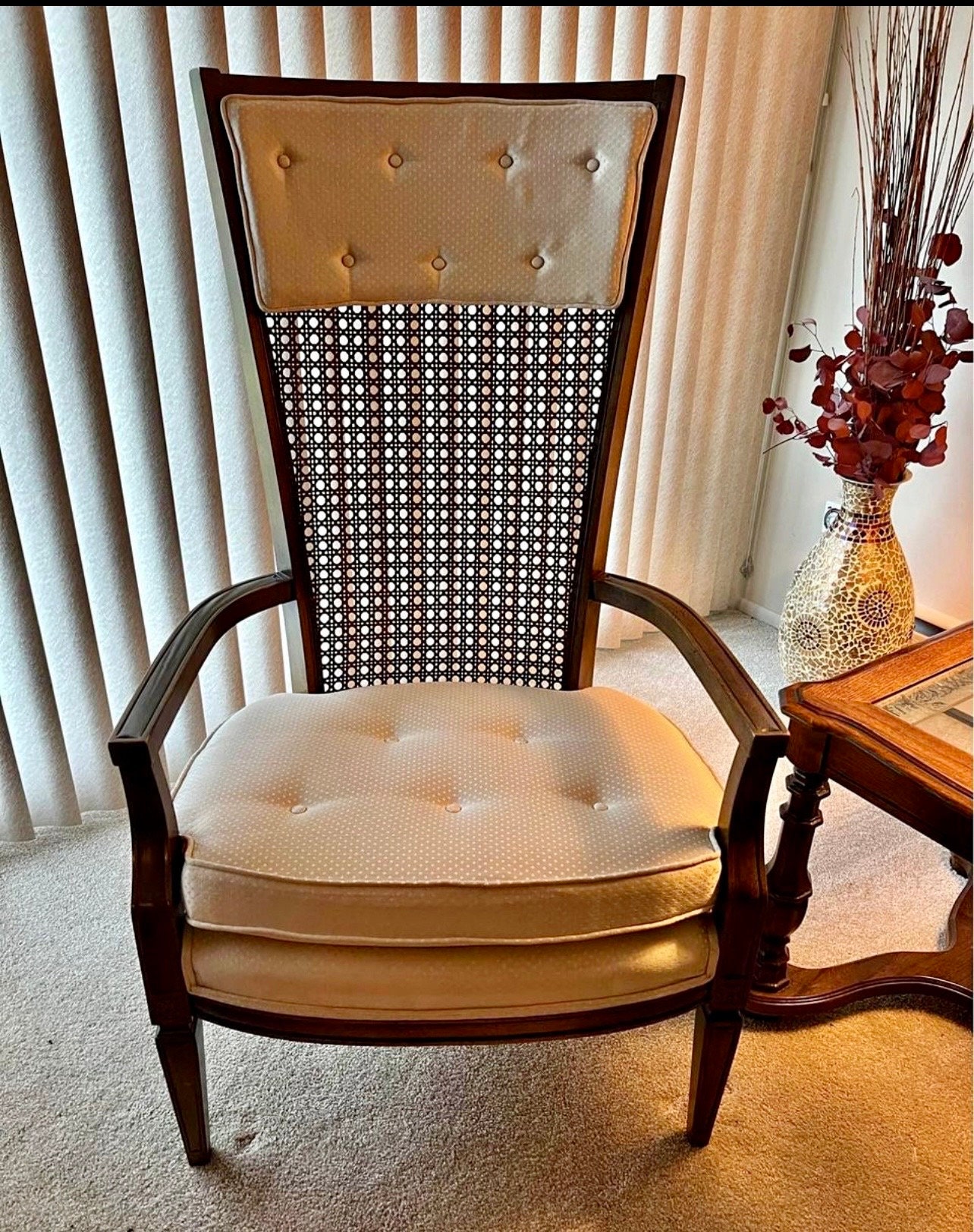 Vintage Mid-century Tufted High Back Cane Chair - Etsy