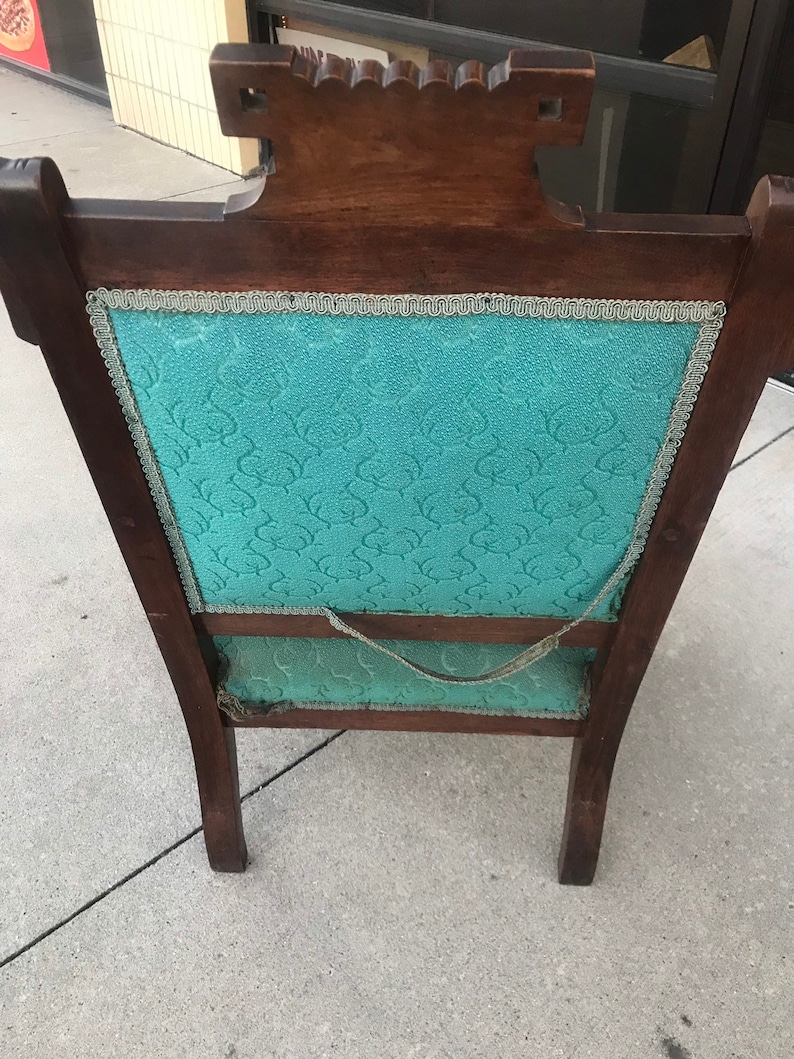 Teal Turquoise Antique Carved Wood Side Chair w/front casters image 3