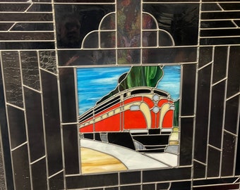 HUGE Art Deco Train welded stained glass fixture window panel wall decor
