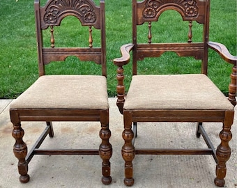 2x antique ornate carved wood dining chairs