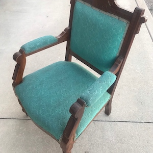 Teal Turquoise Antique Carved Wood Side Chair w/front casters image 1