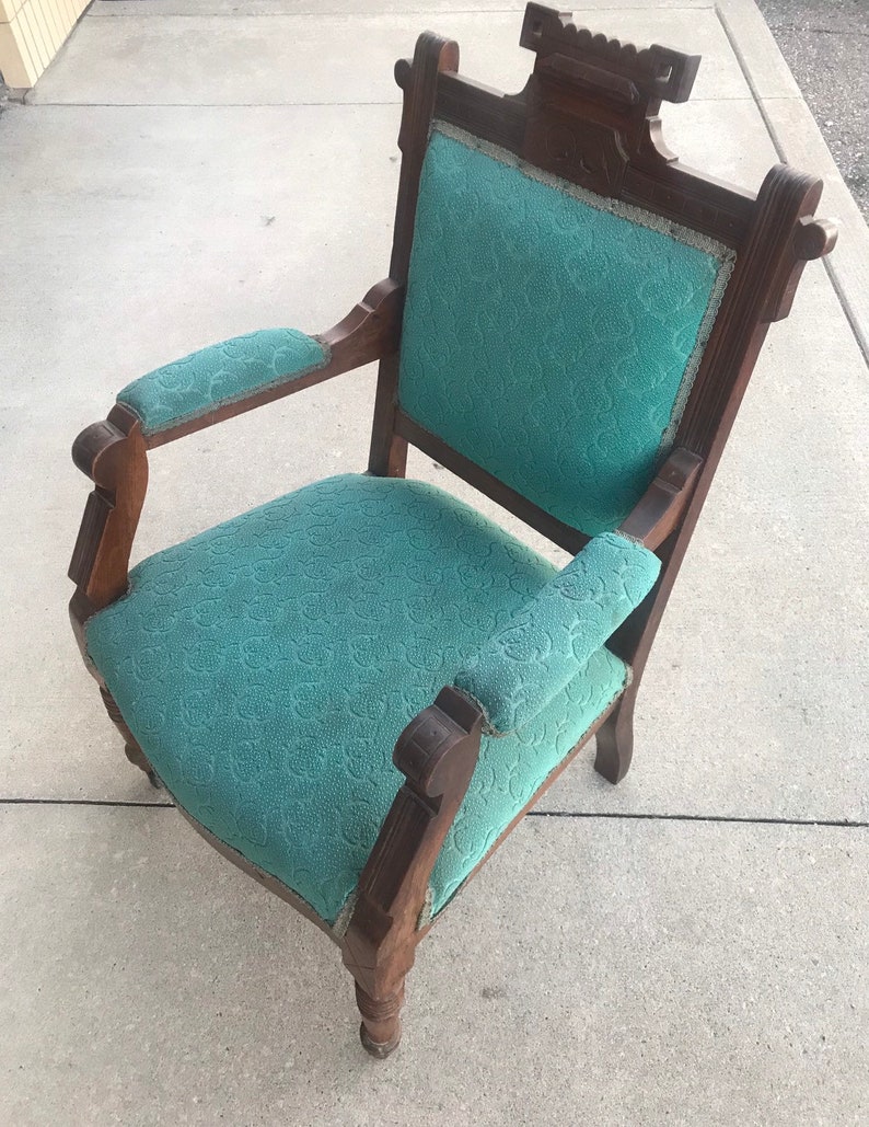 Teal Turquoise Antique Carved Wood Side Chair w/front casters image 1