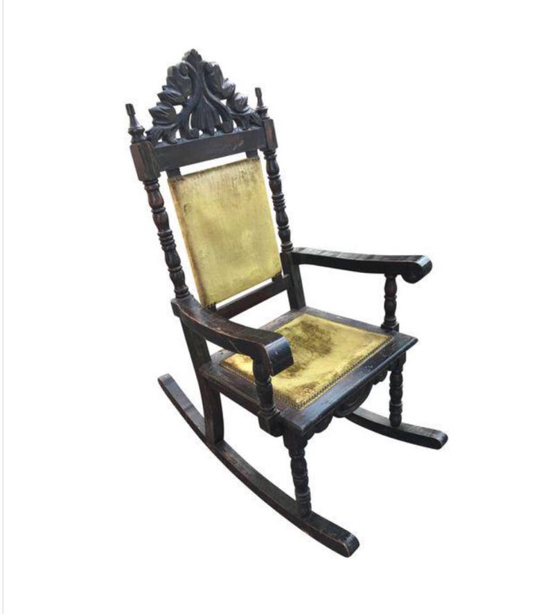 Ornate Gothic Antique Large Carved Wood Velvet Rocking Chair