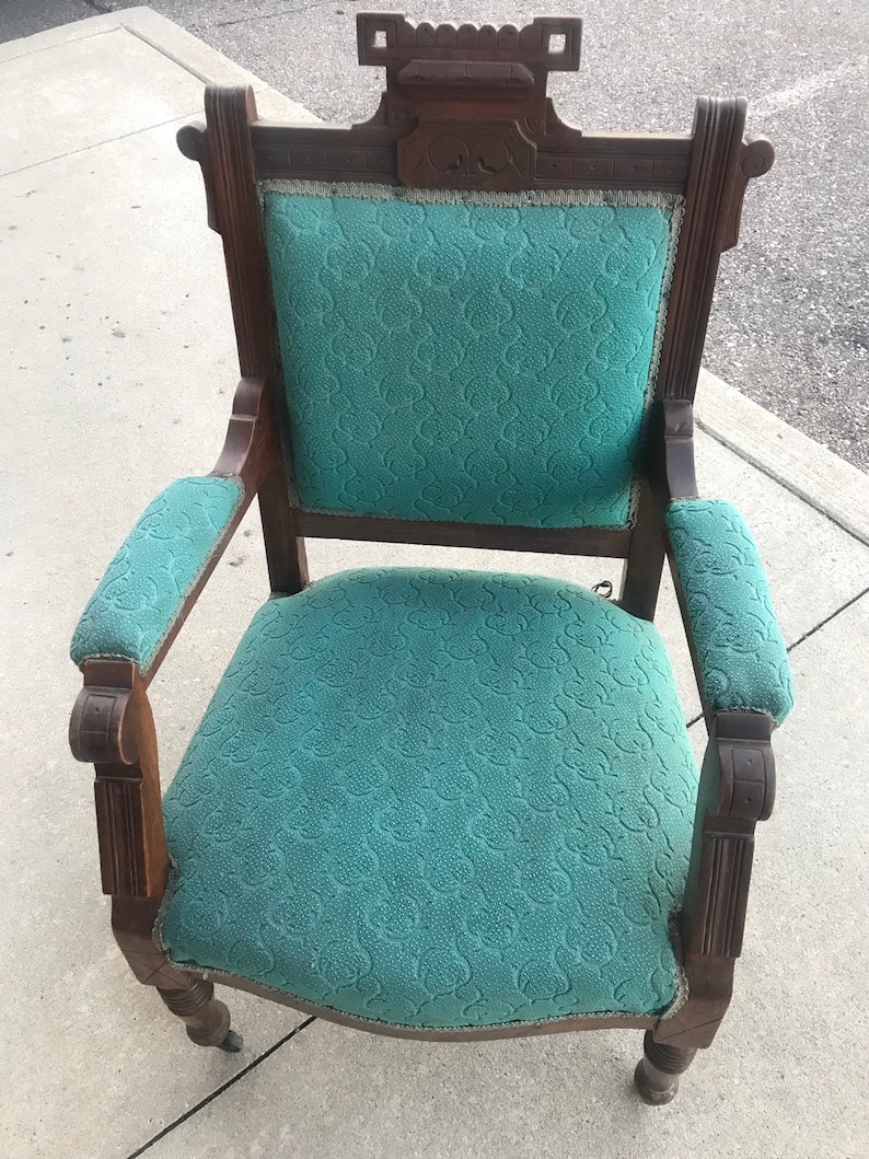 Teal Turquoise Antique Carved Wood Side Chair w/front casters image 2