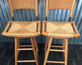 Mid-Century Modern Danish Straw Rope Swivel Bar Stools PAIR