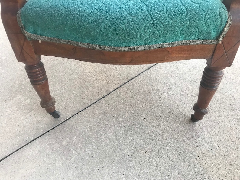 Teal Turquoise Antique Carved Wood Side Chair w/front casters image 7