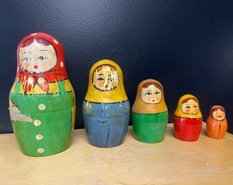 Antique Original Russian Wood Nesting Dolls Toys