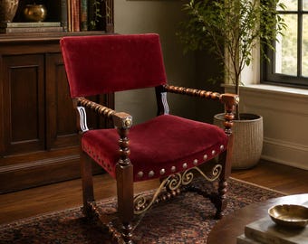 Antique 20s velvet red  chair w/ornate brass base & embellishments