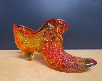 Vintage Fenton Amberina Glass Shoe Slipper  trinket bowl