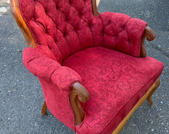 RED Carved Antique Victorian Tufted Parlor French Provincial Chair