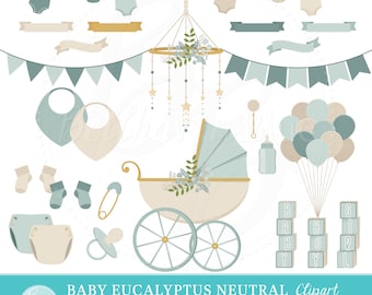 Baby Eucalyptus Neutral Clipart, green leaves, stroller, clothesline, cute, mobile, rattle, diapers, garland, bunting banners, EPS, vector