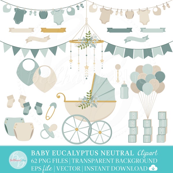 Baby Eucalyptus Neutral Clipart, green leaves, stroller, clothesline, cute, mobile, rattle, diapers, garland, bunting banners, EPS, vector