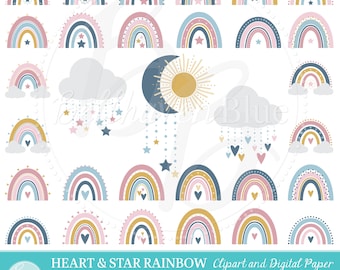 Heart & Star Rainbow Clipart, Sun, Moon, Clouds, Digital Paper, Instant Download, PNG, EPS, Pastel Colors, Vector, Transparent Background