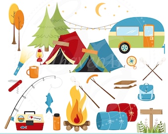 Green & Blue Camping Clipart, Instant Download Clip Art, Digital Paper, Colorful, Happy, Fishing, Trailer, Tents, Campfire, Camper, Banners