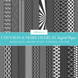 Puede incluir: Un conjunto de 28 papeles digitales con patrones geométricos en blanco y negro. Los patrones incluyen chevron, ondas, diamantes y hexágonos. Los papeles digitales miden 30,5 cm por 30,5 cm y 300 DPI.
