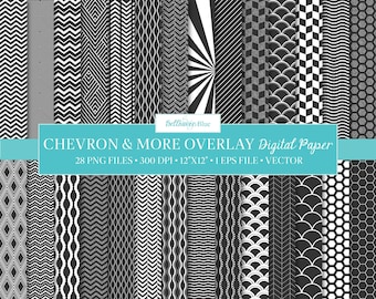 Chevron (and more) Overlay Digital Paper, 28 PNG files, EPS Vector, Transparent Background, Geometric, Sunburst, Lines, and Mermaid Patters