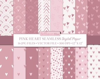 Pink Heart Seamless Digital Paper, 300 DPI, 12 x12 inches, Vector, EPS, Repeating Pattern, Commercial Use, Shades of Pink, Valentine, Love