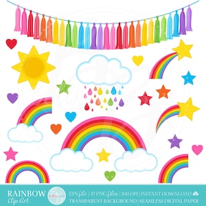 Rainbow Clipart & Digital Paper, Hearts, Stars, Rainbow Bunting Banners, Tassel, Sunshine, Clouds, Rain, Rainbow Arch, Colorful, Happy