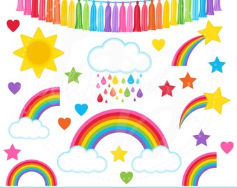 Rainbow Clipart & Digital Paper, Hearts, Stars, Rainbow Bunting Banners, Tassel, Sunshine, Clouds, Rain, Rainbow Arch, Colorful, Happy