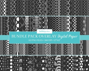 White Overlay Digital Paper, 112 PNG files, transparent, hearts, stars, quatrefoil, moroccan, chevron, polka dots, and geometric patterns
