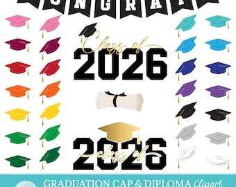 Graduation Cap and Diploma Clip Art, PNG, EPS, Vector, Cap, Tassel, Year, 2026, Congrats Grad, Colorful Clip art, High School Clip art