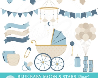 Blue Baby Moon & Stars Clipart, PNG Files, EPS, vector, Neutral Baby, Stroller, Bunting Banners, Digital Garland, Bibs, Pacifier