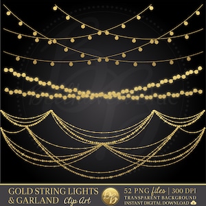 Gouden lichtslinger en slinger Clipart, schittering, glans, fee, kerstmis, vakantie, overlay, achtergrond, digitaal element, rand, lichte strengen