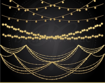 May include: Set of 52 gold glitter string lights and garland clip art images.  The images are transparent PNG files with a 300 DPI resolution.  The images are perfect for adding a touch of sparkle to your digital designs.