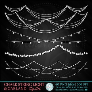 May include: Set of 60 white chalk string lights and garlands clip art images. The images are on a black background and are perfect for adding a touch of sparkle to your designs.
