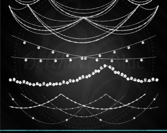 May include: Set of 60 white chalk string lights and garlands clip art images. The images are on a black background and are perfect for adding a touch of sparkle to your designs.