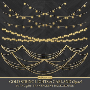 Op de afbeelding: Een verzameling gouden lichtsnoeren en slinger-afbeeldingen met diverse gedrapeerde arrangementen van gloeiende lampjes en kralensnoeren. De tekst luidt Gold String Lights & Garland Clipart, 54 PNG files, Transparent Background.