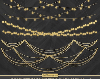 Gold String Light Strand Clipart, Sparkle Garland Graphics, Transparent PNG (Digital Download)