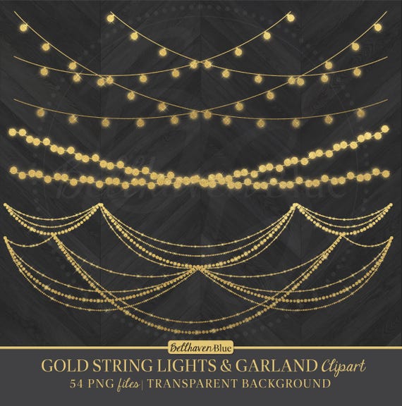 Goldene Lichterkette Clipart, Glitzergirlanden-Grafiken, transparentes PNG (Digitaler Download)