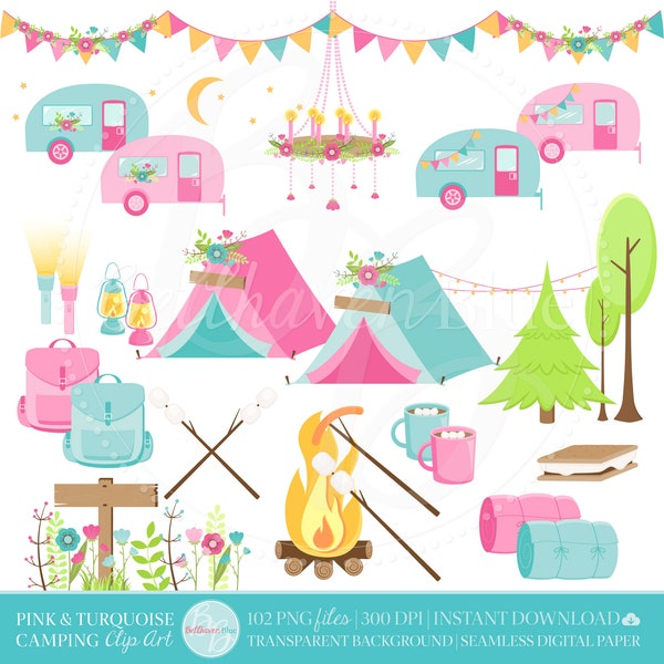 Pink & Turquoise Camping Clipart and Digital Paper, Glamping, Tent, S'more, Hot chocolate, Chandelier, Sleeping Bags, Camping, Lanterns