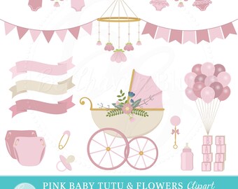 Pink Baby Tutu & Flower Clipart, PNG, EPS, Vector, Instant Download, Baby Shower Clipart, Stroller, Bunting Banners, Diaper, Bibs
