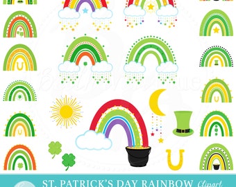St. Patrick's Day Rainbow Clipart and Digital Paper, Pot of Gold, Irish, March, Green, Fantasy, Lucky, Four Leaf Clover, Boho, Holiday